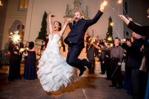 Sparkler exit at Chateau Cocomar Bride and Groom jumping Houston wedding photographers Melonhead Photo